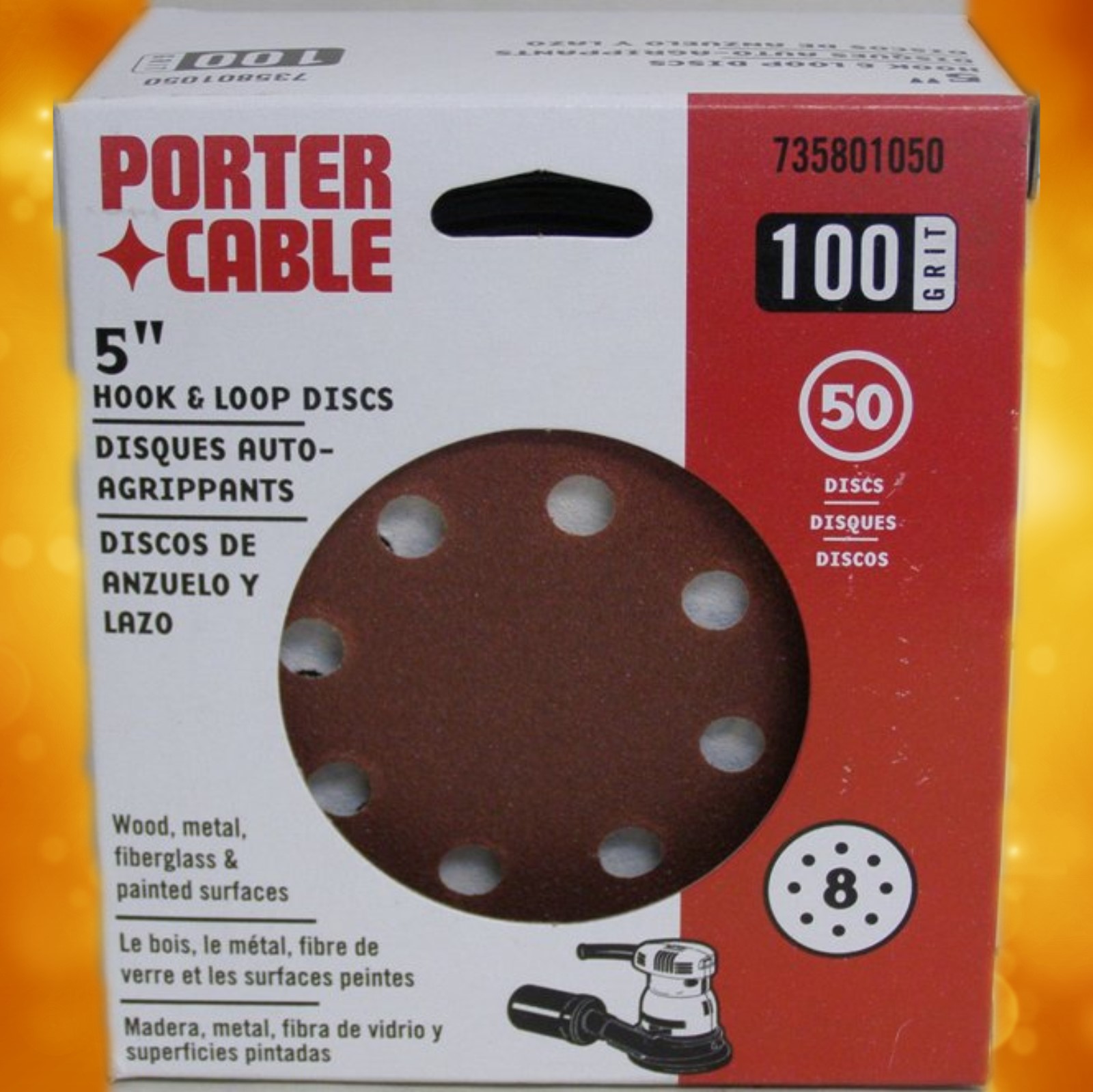 735801050 Porter Cable 5 Eight Hole Hook Loop Sanding Discs 100 Grit 50 Pack porter cable Mike s Tools